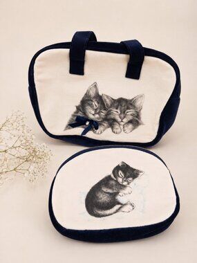 Kitten coquette girl cottagecore cotton velvet two piece cat makeup bag set